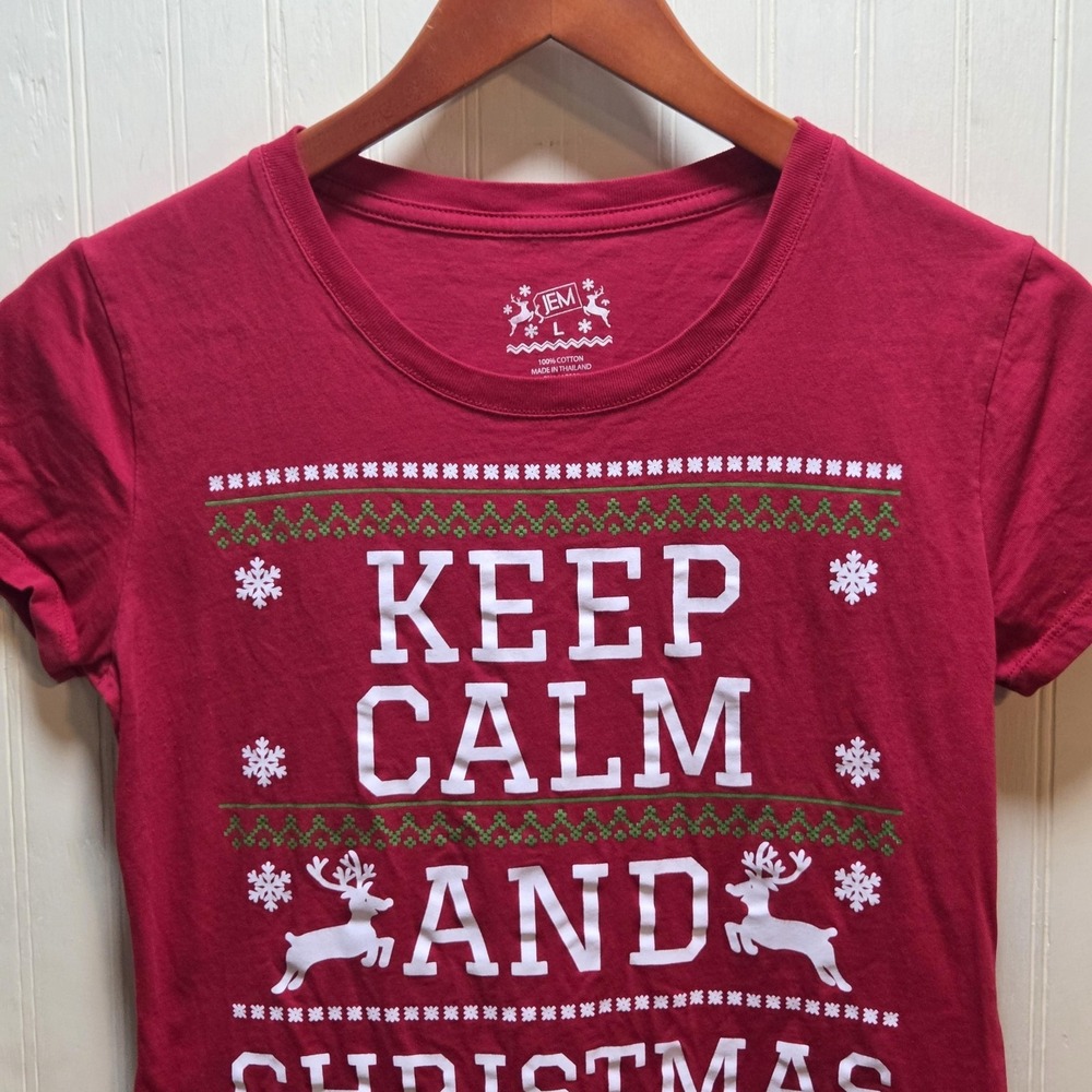 Jem Shirt Juniors Large Red Keep Calm Christmas On Short‎ Sleeve Graphic Tee Top